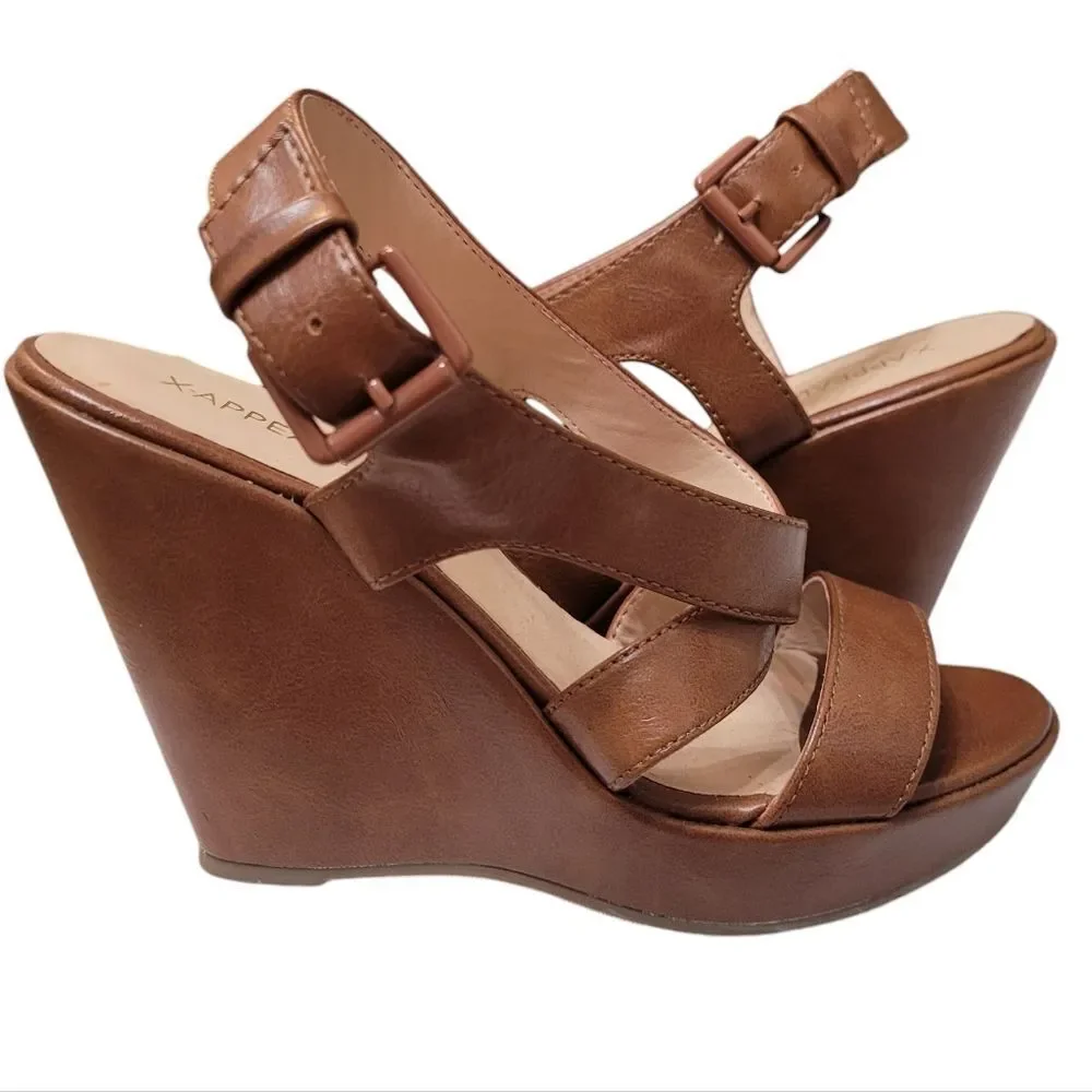 Cognac Leather Wedge Criss Cross Strap Sandal